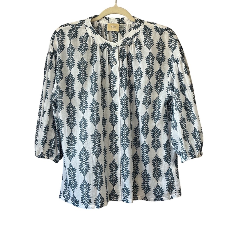 Elie Tahari‎ Womens Blue White Leaf Print Cotton Button Down Blouse Size M